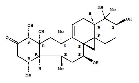 Molecular Structure of 158204-38-7 (5H,10H-Cycloprop[e]indeno[2,1-a]phenanthren-10-one,1,2,3,4,6,7,7a,7b,8,9,11,11a,12,12a,14,14a-hexadecahydro-2,6,11,11a-tetrahydroxy-1,1,7a,8,12a-pentamethyl-,(2S,4aR,5aS,6S,7aR,7bR,8R,11R,11aR,12aR,14aR)-)