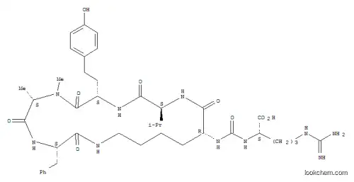 Molecular Structure of 161897-74-1 (L-Phenylalanine,N2-[[[(1S)-4-[(aminoiminomethyl)amino]-1-carboxybutyl]amino]carbonyl]-D-lysyl-L-valyl-(aS)-a-amino-4-hydroxybenzenebutanoyl-N-methyl-L-alanyl-, (5&reg;1)-lactam)