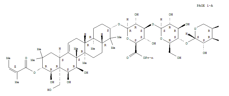 Molecular Structure of 196955-52-9 (b-D-Glucopyranosiduronic acid, (3b,15a,16a,21b,22a)-15,16,22,28-tetrahydroxy-21-[[(2Z)-2-methyl-1-oxo-2-butenyl]oxy]olean-12-en-3-ylO-b-D-arabinopyranosyl-(1®4)-O-b-D-glucopyranosyl-(1®3)-, propyl ester (9CI))