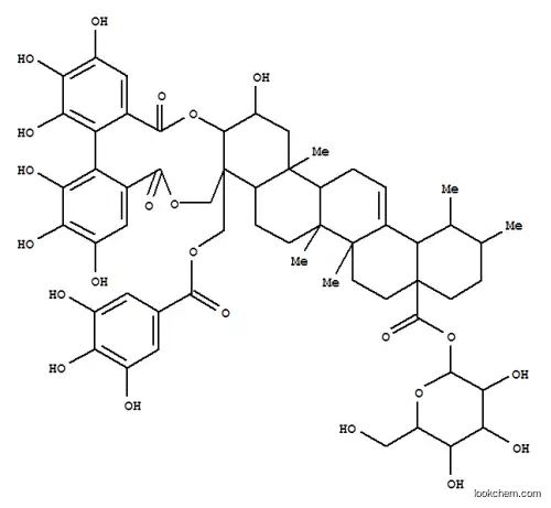 Molecular Structure of 116787-89-4 (Urs-12-en-28-oic acid,3,23-[[(1S)-4,4',5,5',6,6'-hexahydroxy[1,1'-biphenyl]-2,2'-diyl]bis(carbonyloxy)]-2-hydroxy-24-[(3,4,5-trihydroxybenzoyl)oxy]-,b-D-glucopyranosyl ester, (2a,3b,4a)- (9CI))