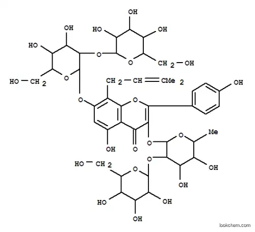 Molecular Structure of 125028-59-3 (4H-1-Benzopyran-4-one,3-[(6-deoxy-2-O-b-D-glucopyranosyl-a-L-mannopyranosyl)oxy]-7-[(2-O-b-D-glucopyranosyl-b-D-glucopyranosyl)oxy]-5-hydroxy-2-(4-hydroxyphenyl)-8-(3-methyl-2-butenyl)-(9CI))