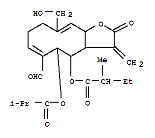 Molecular Structure of 146959-83-3 (Butanoic acid,2-methyl-,6-formyl-2,3,3a,4,5,8,9,11a-octahydro-10-(hydroxymethyl)-3-methylene-5-(2-methyl-1-oxopropoxy)-2-oxocyclodeca[b]furan-4-ylester (9CI))