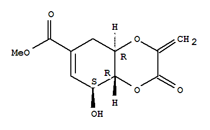 Molecular Structure of 155075-20-0 (1,4-Benzodioxin-6-carboxylicacid, 2,3,4a,5,8,8a-hexahydro-8-hydroxy-3-methylene-2-oxo-, methyl ester,(4aR,8S,8aR)-rel-(-)-)