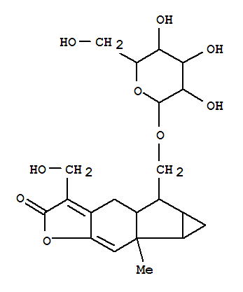 Molecular Structure of 159768-65-7 (Cycloprop[2,3]indeno[5,6-b]furan-2(4H)-one,5-[(b-D-glucopyranosyloxy)methyl]-4a,5,5a,6,6a,6b-hexahydro-3-(hydroxymethyl)-6b-methyl-,(4aS,5R,5aS,6aR,6bS)-)
