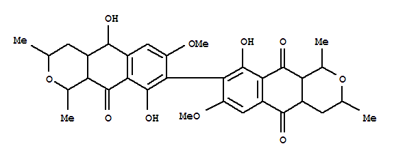 Molecular Structure of 160669-40-9 ([8,8'-Bi-1H-naphtho[2,3-c]pyran]-5,10,10'(5'H)-trione,3,3',4,4',4a,4'a,10a,10'a-octahydro-5',9,9'-trihydroxy-7,7'-dimethoxy-1,1',3,3'-tetramethyl-,(1R,1'R,3S,3'S,4aR,4'aR,5'R,10'aS)- (9CI))