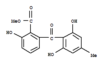 Molecular Structure of 162857-76-3 (Benzoic acid,2-(2,6-dihydroxy-4-methylbenzoyl)-6-hydroxy-, methyl ester)