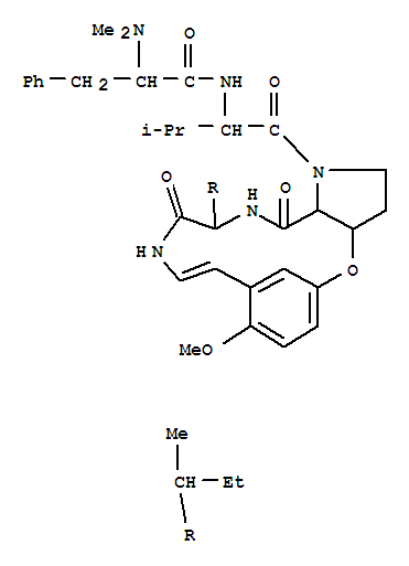 Molecular Structure of 164230-54-0 (Benzenepropanamide, a-(dimethylamino)-N-[1-[[3,3a,12,13,14,15,16,16a-octahydro-8-methoxy-14-(1-methylpropyl)-13,16-dioxo-5,9-metheno-9H-pyrrolo[3,2-b][1,5,8]oxadiazacyclopentadecin-1(2H)-yl]carbonyl]-2-methylpropyl]-(9CI))