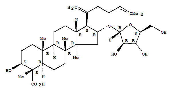 Molecular Structure of 169626-48-6 (Dammara-20,24-dien-28-oicacid, 16-(a-L-arabinofuranosyloxy)-3-hydroxy-,(3b,4a,16a)- (9CI))