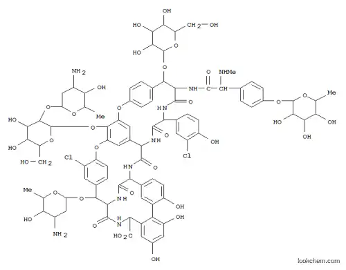 Molecular Structure of 73957-87-6 (Vancomycin,22-O-(3-amino-2,3,6-trideoxy-a-L-ribo-hexopyranosyl)-3-(3-chloro-4-hydroxyphenyl)-3-de(2-amino-2-oxoethyl)-10-dechloro-3''-demethyl-49-de[4-methyl-2-(methylamino)-1-oxopentyl]-49-[(2R)-[4-[(6-deoxy-a-L-mannopyranosyl)oxy]phenyl](methylamino)acetyl]-7-O-a-D-mannopyranosyl-, (3''R,4''R)-(9CI))