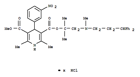 3,5-Pyridinedicarboxylicacid, 1,4-dihydro-2,6-dimethyl-4-(3-nitrophenyl)-,3-[2-[(3,3-diphenylpropyl)methylamino]-1,1-dimethylethyl] 5-methyl ester,hydrochloride (1: )