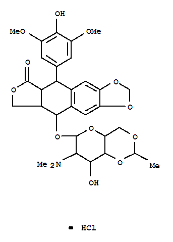 Furo[3',4':6,7]naphtho[2,3-d]-1,3-dioxol-6(5aH)-one,9-[[2-deoxy-2-(dimethylamino)-4,6-O-(1R)-ethylidene-b-D-glucopyranosyl]oxy]-5,8,8a,9-tetrahydro-5-(4-hydroxy-3,5-dimethoxyphenyl)-,hydrochloride, (5