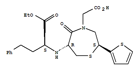Molecular Structure of 111902-57-9 (1,4-Thiazepine-4(5H)-aceticacid,6-[[(1S)-1-(ethoxycarbonyl)-3-phenylpropyl]amino]tetrahydro-5-oxo-2-(2-thienyl)-,(2S,6R)-)