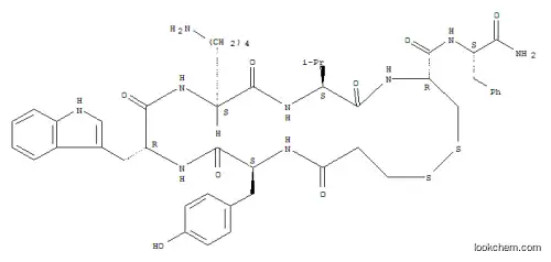 Molecular Structure of 117580-24-2 (3-Mercaptopropionyl-Tyr-D-Trp-Lys-Val-Cys-Phe-NH2, (Disulfide bond between Deamino-Cys1 and Cys6))