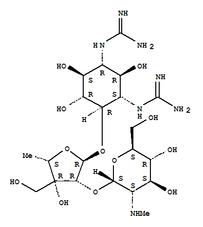 Molecular Structure of 128-46-1 (D-Streptamine,O-2-deoxy-2-(methylamino)-a-L-glucopyranosyl-(1?2)-O-5-deoxy-3-C-(hydroxymethyl)-a-L-lyxofuranosyl-(1?4)-N1,N3-bis(aminoiminomethyl)-)