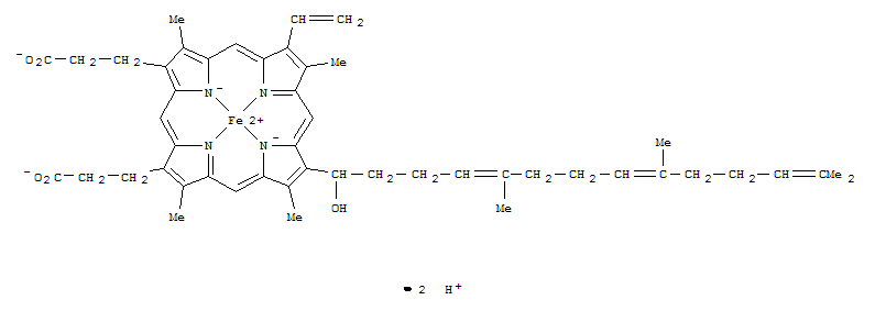 Ferrate(2-),[7-ethenyl-12-(1-hydroxy-5,9,13-trimethyl-4,8,12-tetradecatrienyl)-3,8,13,17-tetramethyl-21H,23H-porphine-2,18-dipropanoato(4-)-kN21,kN22,kN23,kN24]-, hydrogen (1:2)