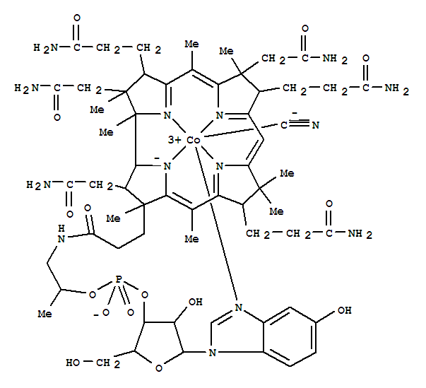 Cobinamide, Co-(cyano-kC)-, dihydrogen phosphate(ester), inner salt, 3'-ester with (1-a-D-ribofuranosyl-1H-benzimidazol-5-ol-kN3) cas  14708-95-3