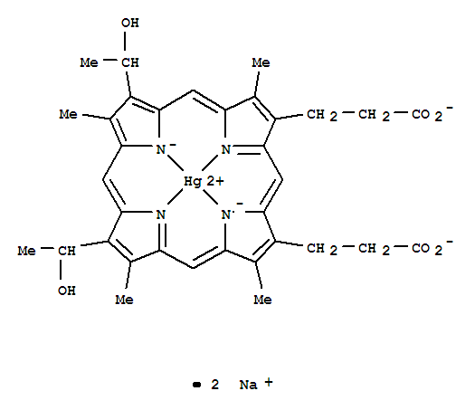 Mercurate(2-),[7,12-bis(1-hydroxyethyl)-3,8,13,17-tetramethyl-21H,23H-porphine-2,18-dipropanoato(4-)-kN21,kN22,kN23,kN24]-, disodium, (SP-4-2)- (9CI)