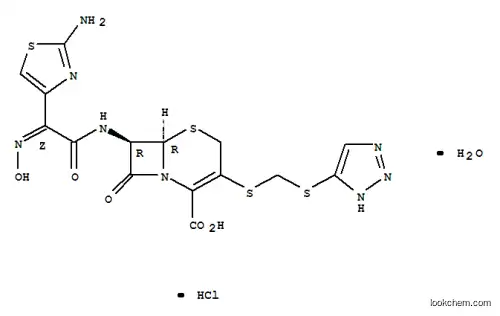Molecular Structure of 154776-45-1 ((6R,7R)-7-[[2-(2-amino-1,3-thiazol-4-yl)-2-hydroxyimino-acetyl]amino]- 8-oxo-3-(2H-triazol-4-ylsulfanylmethylsulfanyl)-5-thia-1-azabicyclo[4. 2.0]oct-2-ene-2-carboxylic acid hydrate hydrochloride)