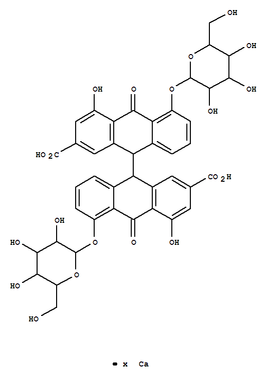 [9,9'-Bianthracene]-2,2'-dicarboxylicacid, 5,5'-bis(b-D-glucopyranosyloxy)-9,9',10,10'-tetrahydro-4,4'-dihydroxy-10,10'-dioxo-,calcium salt, (9R,9'R)- (9CI)