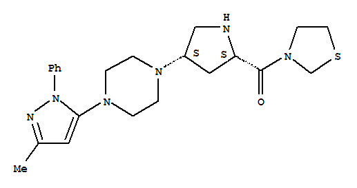 Molecular Structure of 760937-92-6 (Methanone,[(2S,4S)-4-[4-(3-methyl-1-phenyl-1H-pyrazol-5-yl)-1-piperazinyl]-2-pyrrolidinyl]-3-thiazolidinyl-)
