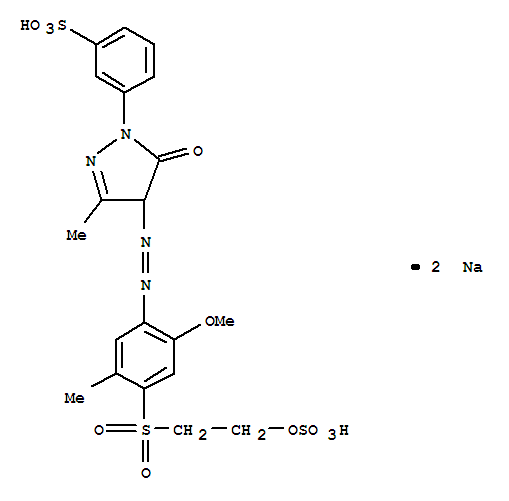 Benzenesulfonic acid,3-[4,5-dihydro-4-[2-[2-methoxy-5-methyl-4-[[2-(sulfooxy)ethyl]sulfonyl]phenyl]diazenyl]-3-methyl-5-oxo-1H-pyrazol-1-yl]-,sodium salt (1:2)
