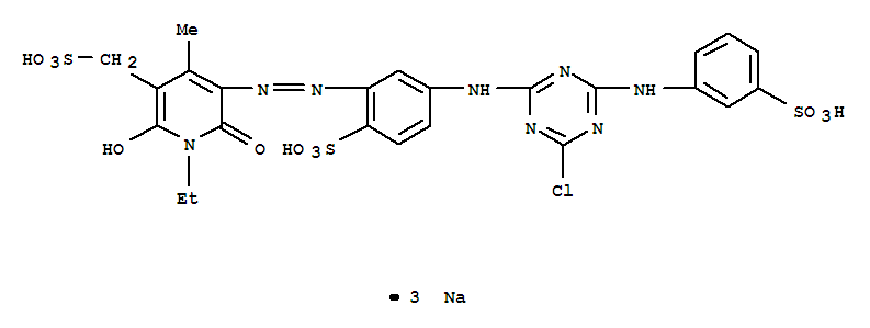 3-PYRIDINEMETHANESULFONIC ACID 5-[[5-[[4-CHLORO-6-[(3-SULFOPHENYL)AMINO]-1,3,5-TRIAZIN-2-YL]AMINO]-2-SULFOPHENYL]AZO]-1-ETHYL-1,6-DIHYDRO-2-HYDROXY-4-METHYL-6-OXO-,TRISODIUM SALT