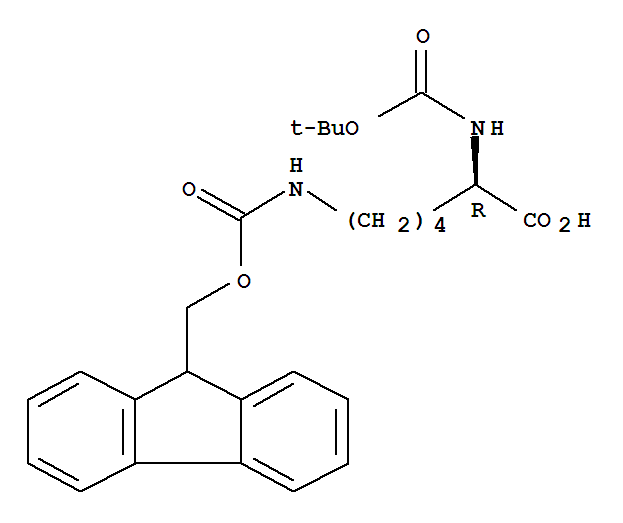 Molecular Structure of 115186-31-7 (D-Lysine,N2-[(1,1-dimethylethoxy)carbonyl]-N6-[(9H-fluoren-9-ylmethoxy)carbonyl]-)