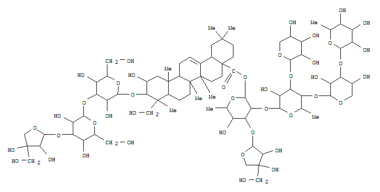 Molecular Structure of 128023-21-2 (Olean-12-en-28-oicacid, 3-[(O-D-apio-b-D-furanosyl-(1®3)-O-b-D-glucopyranosyl-(1®3)-b-D-glucopyranosyl)oxy]-2,23-dihydroxy-,O-D-apio-b-D-furanosyl-(1®3)-O-[O-6-deoxy-a-L-mannopyranosyl-(1®3)-O-b-D-xylopyranosyl-(1®4)-O-[b-D-xylopyranosyl-(1®3)]-6-deoxy-a-L-mannopyranosyl-(1®2)]-6-deoxy-b-D-glucopyranosylester, (2b,3b,4a)-)