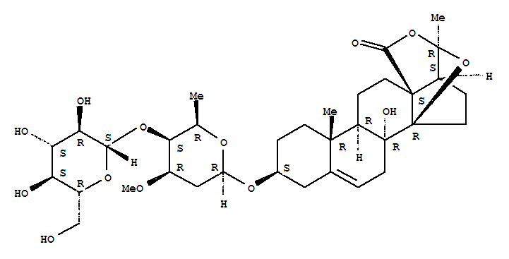 Molecular Structure of 142902-60-1 (Pregn-5-en-18-oicacid, 3-[(2,6-dideoxy-4-O-b-D-glucopyranosyl-3-O-methyl-b-D-lyxo-hexopyranosyl)oxy]-14,20-epoxy-8,20-dihydroxy-,18,20-lactone, (3b,8a,14b,20R)- (9CI))