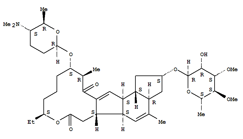 Molecular Structure of 149438-28-8 (1H-as-Indaceno[3,2-d]oxacyclododecin-7,15-dione,2-[(6-deoxy-3,4-di-O-methyl-a-L-mannopyranosyl)oxy]-13-[[(2R,5S,6R)-5-(dimethylamino)tetrahydro-6-methyl-2H-pyran-2-yl]oxy]-9-ethyl-2,3,3a,5a,5b,6,9,10,11,12,13,14,16a,16b-tetradecahydro-4,14-dimethyl-,(2S,3aR,5aS,5bS,9S,13S,14R,16aS,16bS)-)