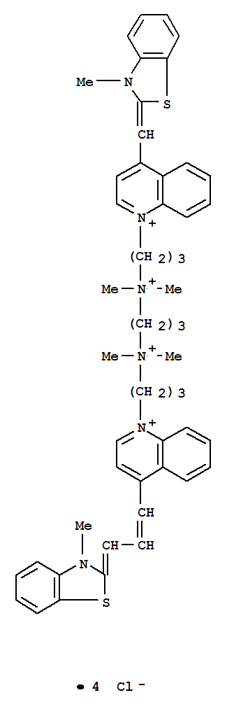 Molecular Structure of 153087-67-3 (Quinolinium, 1-[3-[dimethyl[3-[dimethyl[3-[4-[(3-methyl-2(3H)-benzothiazolylidene)methyl]quinolinio]propyl]iminio]propyl]iminio]propyl]-4-[3-(3-methyl-2(3H)-benzothiazolylidene)-1-propenyl]-,tetrachloride (9CI))