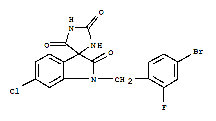 Molecular Structure of 156662-56-5 (Spiro[imidazolidine-4,3'-[3H]indole]-2,2',5(1'H)-trione,1'-[(4-bromo-2-fluorophenyl)methyl]-6'-chloro-)