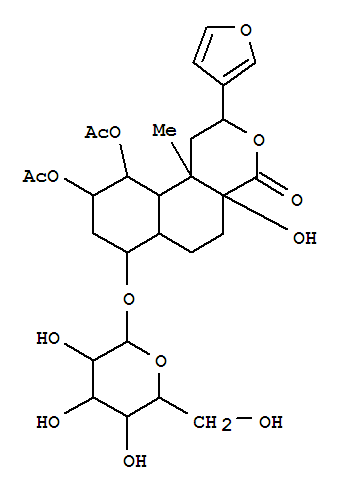 Molecular Structure of 161161-71-3 (4H-Naphtho[2,1-c]pyran-4-one,9,10-bis(acetyloxy)-2-(3-furanyl)-7-(b-D-glucopyranosyloxy)dodecahydro-4a-hydroxy-10b-methyl-,(2S,4aS,6aS,7R,9S,10R,10aR,10bS)- (9CI))