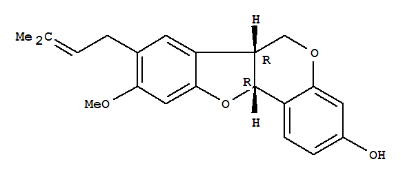 Molecular Structure of 162382-64-1 (6H-Benzofuro[3,2-c][1]benzopyran-3-ol,6a,11a-dihydro-9-methoxy-8-(3-methyl-2-buten-1-yl)-,(6aR,11aR)-)