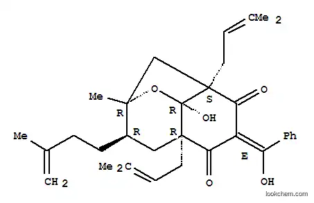 Molecular Structure of 165966-98-3 (2,8-Methano-2H-1-benzopyran-5,7(3H,4aH)-dione,tetrahydro-8a-hydroxy-6-(hydroxyphenylmethylene)-2-methyl-4a,8-bis(3-methyl-2-buten-1-yl)-3-(3-methyl-3-buten-1-yl)-,(2R,3R,4aR,6E,8S,8aR)-)