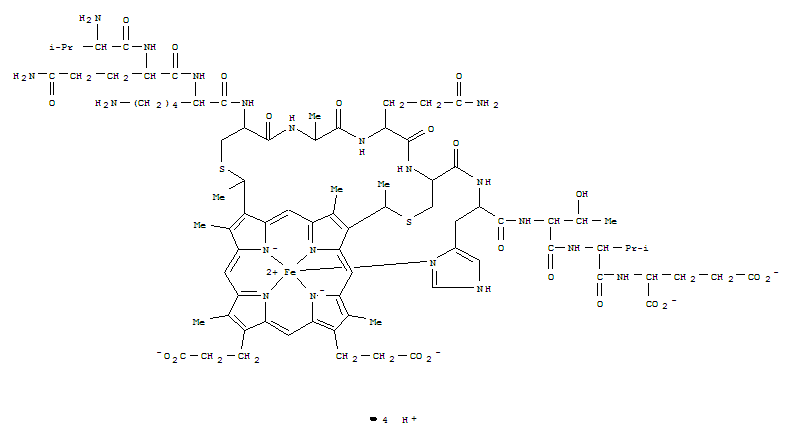 Ferrate(4-),[L-valyl-L-glutaminyl-L-lysyl-L-cysteinyl-L-alanyl-L-glutaminyl-L-cysteinyl-L-histidyl-kN-L-threonyl-L-valyl-L-glutamicacid cyclic (4?12'),(7?7')-bis(thioether) with7,12-bis(1-mercaptoethy