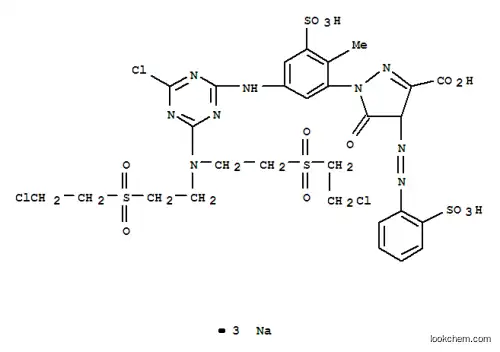 Molecular Structure of 94021-10-0 (trisodium 1-[5-[[4-[bis[2-[(2-chloroethyl)sulphonyl]ethyl]amino]-6-chloro-1,3,5-triazin-2-yl]amino]-2-methyl-3-sulphonatophenyl]-4,5-dihydro-5-oxo-4-[(2-sulphonatophenyl)azo]-1H-pyrazole-3-carboxylate)