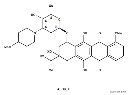 Molecular Structure of 79898-08-1 ((3S)-3,5,12-trihydroxy-3-(1-hydroxyethyl)-10-methoxy-6,11-dioxo-1,2,3,4,6,11-hexahydrotetracen-1-yl 2,3,6-trideoxy-3-(4-methoxypiperidin-1-yl)-alpha-L-lyxo-hexopyranoside hydrochloride (1:1))