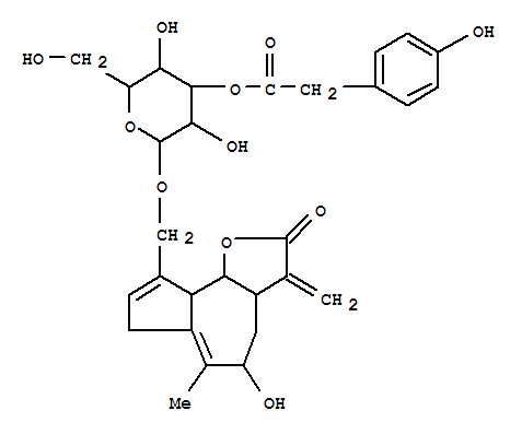 Molecular Structure of 106235-35-2 (Azuleno[4,5-b]furan-2(3H)-one,3a,4,5,7,9a,9b-hexahydro-5-hydroxy-9-[[[3-O-[(4-hydroxyphenyl)acetyl]-b-D-glucopyranosyl]oxy]methyl]-6-methyl-3-methylene-,(3aS,5R,9aR,9bS)- (9CI))