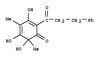 Molecular Structure of 106869-61-8 (2,4-Cyclohexadien-1-one,3,5,6-trihydroxy-4,6-dimethyl-2-(1-oxo-3-phenylpropyl)-)