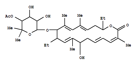 Molecular Structure of 109713-94-2 (Oxacyclooctadeca-3,5,9,13,15-pentaen-2-one,12-[(4-O-acetyl-6-deoxy-5-C-methyl-b-D-lyxo-hexopyranosyl)oxy]-11,18-diethyl-8-hydroxy-3,9,13,15-tetramethyl-)
