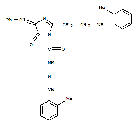 Molecular Structure of 109901-82-8 (1H-Imidazole-1-carbothioicacid,4,5-dihydro-2-[2-[(2-methylphenyl)amino]ethyl]-5-oxo-4-(phenylmethylene)-,2-[(2-methylphenyl)methylene]hydrazide)