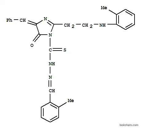 Molecular Structure of 109901-82-8 (1H-Imidazole-1-carbothioicacid,4,5-dihydro-2-[2-[(2-methylphenyl)amino]ethyl]-5-oxo-4-(phenylmethylene)-,2-[(2-methylphenyl)methylene]hydrazide)