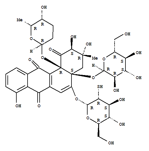 Molecular Structure of 110429-58-8 (Benz[a]anthracene-1,7,12(2H)-trione,4a-(a-D-glucopyranosyloxy)-3,4,4a,12b-tetrahydro-2,3,8-trihydroxy-3-methyl-12b-[[(2R,5R,6R)-tetrahydro-5-hydroxy-6-methyl-2H-pyran-2-yl]oxy]-5-[(2-thio-a-D-glucopyranosyl)oxy]-,(2S,3R,4aS,12bR)-)