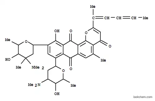 Molecular Structure of 111058-14-1 (4H-Anthra[1,2-b]pyran-4,7,12-trione,11-hydroxy-5-methyl-2-[(1E,3Z)-1-methyl-1,3-pentadienyl]-8-[2,3,6-trideoxy-3-(dimethylamino)-b-D-arabino-hexopyranosyl]-10-[2,3,6-trideoxy-3-(dimethylamino)-3-C-methyl-a-L-lyxo-hexopyranosyl]- (9CI))
