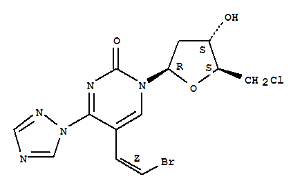 Molecular Structure of 111160-30-6 (2(1H)-Pyrimidinone,5-(2-bromoethenyl)-1-(5-chloro-2,5-dideoxy-b-D-erythro-pentofuranosyl)-4-(1H-1,2,4-triazol-1-yl)-,(Z)- (9CI))
