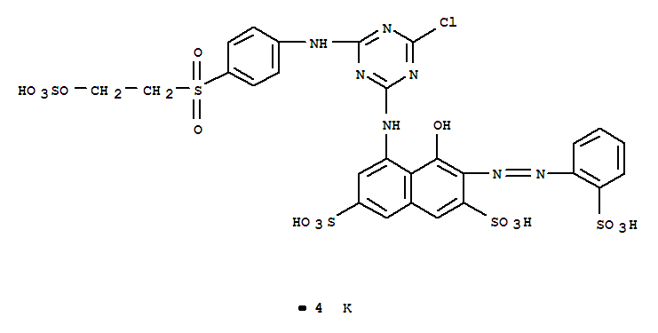 Molecular Structure of 111211-41-7 (2,7-Naphthalenedisulfonicacid,5-[[4-chloro-6-[[4-[[2-(sulfooxy)ethyl]sulfonyl]phenyl]amino]-1,3,5-triazin-2-yl]amino]-4-hydroxy-3-[2-(2-sulfophenyl)diazenyl]-,potassium salt (1:4))