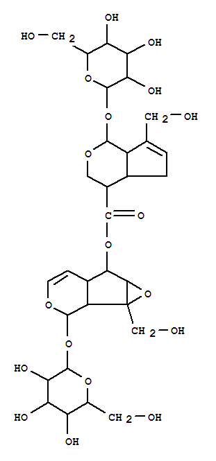 Molecular Structure of 111514-49-9 (b-D-Glucopyranoside, 6-[[[1-(b-D-glucopyranosyloxy)-1,3,4,4a,5,7a-hexahydro-7-(hydroxymethyl)cyclopenta[c]pyran-4-yl]carbonyl]oxy]-1a,1b,2,5a,6,6a-hexahydro-1a-(hydroxymethyl)oxireno[4,5]cyclopenta[1,2-c]pyran-2-yl(9CI))
