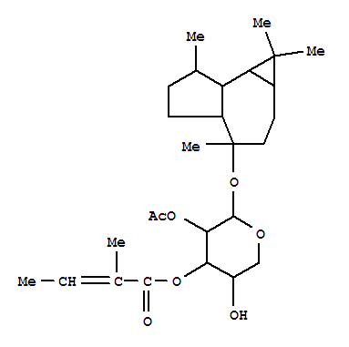 Molecular Structure of 111515-72-1 (a-L-Arabinopyranoside,(1aR,4S,4aS,7R,7aS,7bS)-decahydro-1,1,4,7-tetramethyl-1H-cycloprop[e]azulen-4-yl,2-acetate 3-[(2Z)-2-methyl-2-butenoate] (9CI))