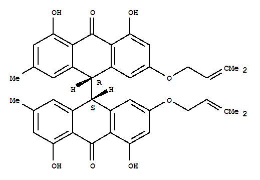 Molecular Structure of 112356-35-1 ([9,9'-Bianthracene]-10,10'(9H,9'H)-dione,4,4',5,5'-tetrahydroxy-2,2'-dimethyl-7,7'-bis[(3-methyl-2-buten-1-yl)oxy]-,(9R,9'S)-rel-)